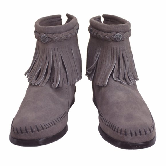 Minnetonka Gray 29IT Concho Hi Top Fringe Zip-up Moccasin Ankle Boots, 9 - Picture 2 of 9